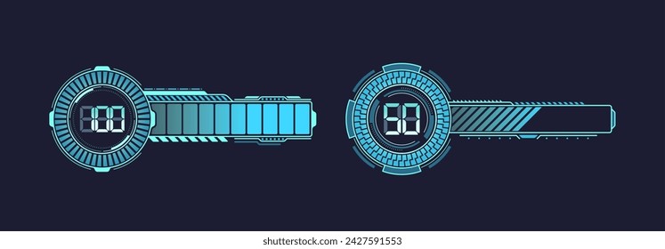 Barras De Carga De Vectores Futuristas, Brillando Con Una Luz De Neón Azul Vibrante. Indicadores de carga de progreso elegantes