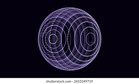 Esfera de ficção científica roxa vetor futurista no espaço. A tecnologia circula em uma conexão de rede, o big data. Fundo de ar digital com partículas. Bola de moldura abstrata. Esfera geométrica 3D wireframe.