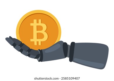 Futuristic vector robotic hand holding Bitcoin coin on white isolated background. Flat futuristic illustration in concept of using AI in managing digital wallet. For logos, invitations, posters.