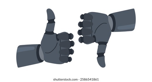 Futuristic vector robotic hands showing thumbs up and thumbs down gestures on white isolated background. Tech - inspired illustration in next generation technology style. For banners, stickers, icons.