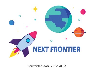Vetor futurista de um foguete orbitando a Terra com marcos famosos, luzes de néon, elementos holográficos e um slogan de 'Próxima Fronteira'. Perfeito para temas de espaço, viagens e inovação em branco.