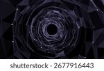 Futuristic vector sci-fi circle portal in space. 3D purple ai tunnel with dots and lines. Abstract digital wormhole data. Flow particle by funnel. Fantasy circle vortex on dark background.