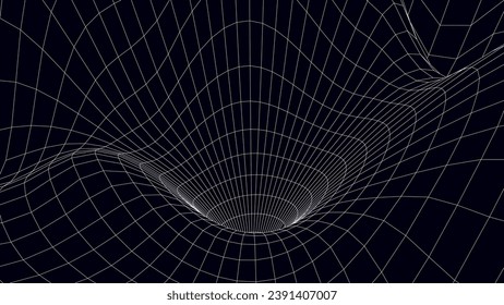 Futuristic vector sci-fi circle portal in space. 3D black ai tunnel with dots and lines. Abstract digital wormhole data. Flow particle by funnel. Fantasy circle vortex on dark background.