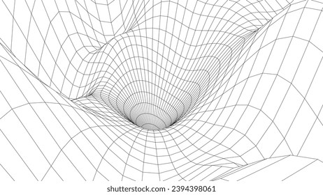 Futuristic vector sci-fi circle portal in space. 3D white ai tunnel with dots and lines. Abstract digital wormhole data. Flow particle by funnel. Fantasy circle vortex on dark background.