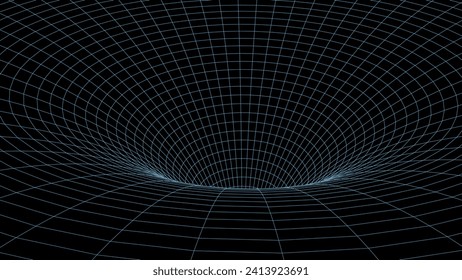 Futuristic vector sci-fi circle portal in space. 3D blue ai tunnel with dots and lines. Abstract digital wormhole data. Flow particle by funnel. Fantasy circle vortex on dark background. svg