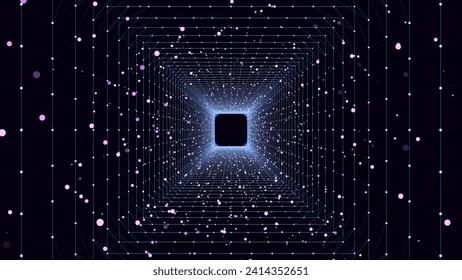 Futuristic vector sci-fi circle portal in space. 3D colors ai tunnel with dots and lines. Abstract digital wormhole data. Flow particle by funnel. Fantasy circle vortex on dark background.