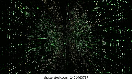 Vector futurista de ciencia ficción en el espacio. Matriz verde del ciberespacio con datos móviles. Túnel de aire 3D con punto. Abstractas datos digitales del agujero de gusano. Flujo binario de partículas de código por embudo. Pirateo de conceptos.