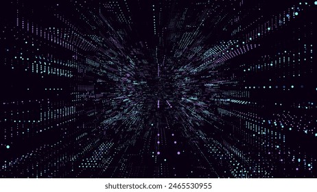 Futuristic vector sci-fi circle portal in space. Colors matrix cyberspace with moving data. 3D ai tunnel with dot. Abstract digital wormhole data. Binary code particle flow by funnel. Concept hacking.