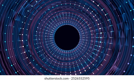 Vetor futurista do portal do círculo de ficção científica no espaço. As cores 3D formam um túnel com pontos e linhas. Dados abstratos do buraco de minhoca digital. Partícula de fluxo por funil. Vórtice de círculo de fantasia no fundo escuro.