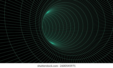 Futuristic vector sci-fi circle portal in space. 3D green ai tunnel with dots and lines. Abstract digital wormhole data. Flow particle by funnel. Fantasy circle vortex on dark background.