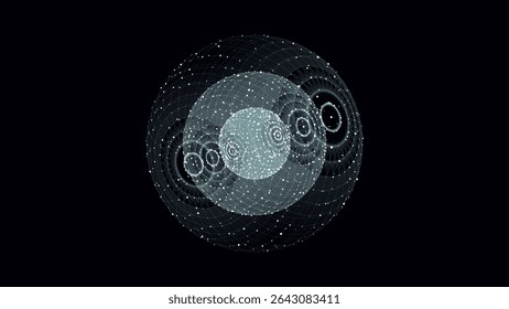 Esfera de ciencia ficción de Vector futurista en el espacio. Tecnología Circle una conexión de red Big Data. Fondo de aire digital con partículas. Bola de marco Abstractas. Esfera geométrica de estructura de alambre 3D.