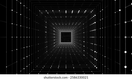 Futuristic vector sci-fi square portal in space. 3D black ai tunnel with dots and lines. Abstract digital wormhole data. Flow particle by funnel. Fantasy circle vortex on dark background.