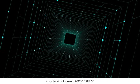 Futuristic vector sci-fi square portal in space. 3D blue ai tunnel with dots and lines. Abstract digital wormhole data. Flow particle by funnel. Fantasy circle vortex on dark background.