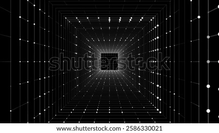 Futuristic vector sci-fi square portal in space. 3D black ai tunnel with dots and lines. Abstract digital wormhole data. Flow particle by funnel. Fantasy circle vortex on dark background.