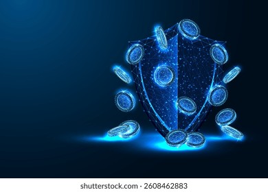 Futuristic vector shield surrounded by glowing coins, representing financial protection, cybersecurity, secure payment, fraud prevention, and digital asset safety on dark tech background.