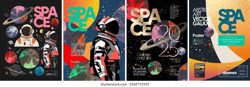 Futuristic vector space and astronaut illustrations with colorful planets, galaxies, and cosmic elements. Ideal for poster, background, or sci-fi design projects