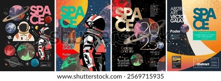 Futuristic vector space and astronaut illustrations with colorful planets, galaxies, and cosmic elements. Ideal for poster, background, or sci-fi design projects