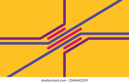 Futuristic vector style with geometric lines in contrasting colors of blue, purple and dark purple giving a technological feel. Bright yellow background adds elegance to the graphic design