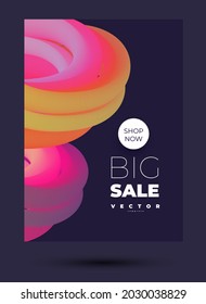 futuristic vector template with twisted volumetric lines wiht yellow and pink gradient and sticker and lettering big sale on the black backdrop