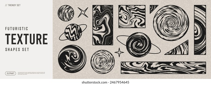 Futuristic vector texture set. Psychedelic shapes, liquid forms, abstract fluid, vintage elements. Y2k techno design shapes