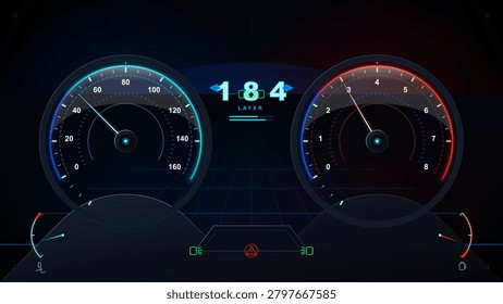 Futuristic vehicle dashboard interface with dual neon speed and RPM gauges, central digital display, small status meters, and dark grid background