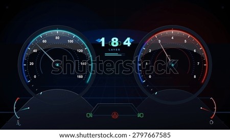 Futuristic vehicle dashboard interface with dual neon speed and RPM gauges, central digital display, small status meters, and dark grid background
