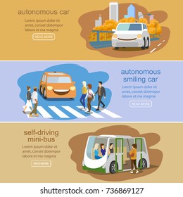 Futuristic  vehicle horizontal  banners  with autonomous car, autonomous  smiling car, self-driving  mini-bus.Vector