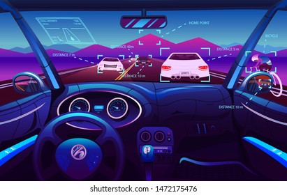 Futuristic Vehicle salon, Electric smart car. Driver view. Dashboard control in a smart car. Virtual control or auto piloted simulation. Traffic on a road. Background for the interface.