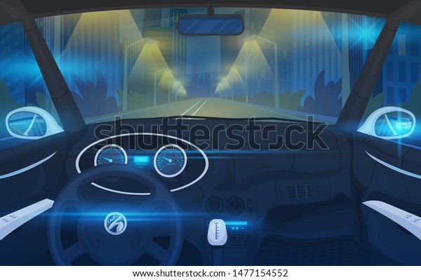 Futuristic\
Vehicle salon, Electric smart car. Driver view. Dashboard control\
in a smart car. Virtual control or auto piloted simulation. Traffic\
on a road. Background for the\
interface.