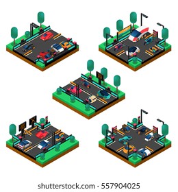 Futuristic vehicles isometric concept with new generation cars road parking zone on squares isolated vector illustration