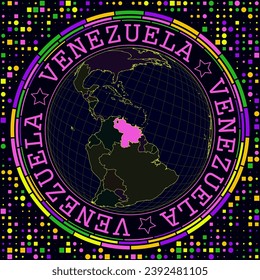 Futuristic Venezuela on globe. Bright neon satelite view of the world centered to Venezuela. Geographical illustration with shape of country and geometric background. Charming vector illustration.