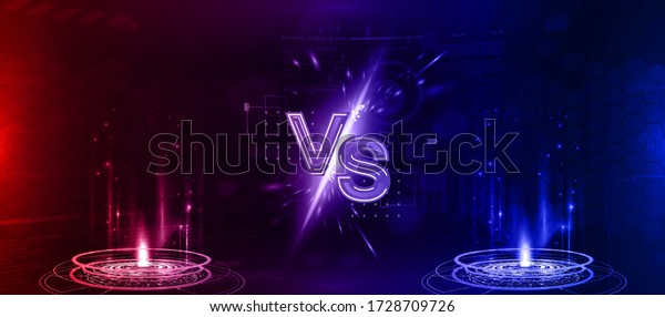 Futuristic Versus banner - image blank. Red and\
blue glow rays night scene with sparks. Hologram light effect.\
Competition vs match game, martial battle vs sport. Vector\
illustration versus