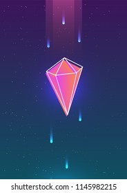 Futuristic vertical backdrop with neon colored falling gem or geometric figure and its outline against beautiful sky with stars on background. Colorful vector illustration in creative hipster style