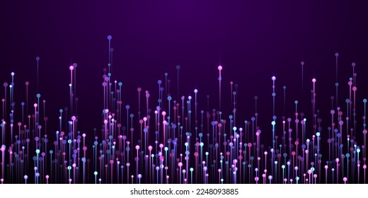 Vector de fibra óptica de vigas de línea vertical futurista. Partículas electrónicas geométricas de neón púrpura. Patrón visual de líneas verticales de tecnología de la información. El fondo moderno de la fibra óptica.