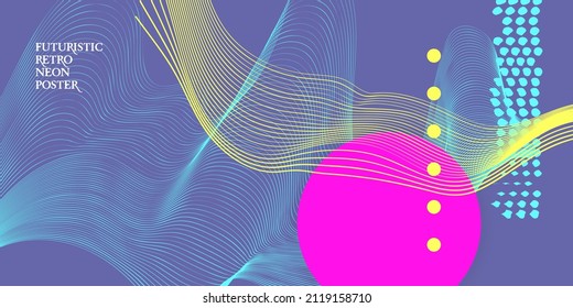 Futuristic Very Peri retro neon colors landscape of the 80`s. Vector futuristic illustration of sun with mountains in retro style. Cyber Surface. Suitable for design in the style of the 1980`s or 80`s