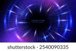 Futuristic vibrant abstract background with radial burst of light and energy emanating from center. Blue, purple, and pink light beams radiate, and glowing particles effects. Vector illustration