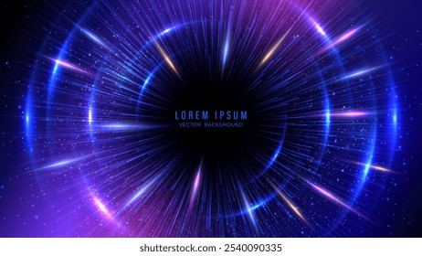 Futuristic vibrant abstract background with radial burst of light and energy emanating from center. Blue, purple, and pink light beams radiate, and glowing particles effects. Vector illustration