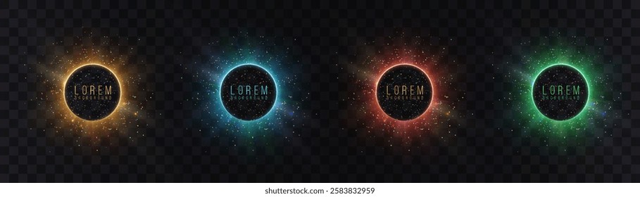 Futuristic vibrant abstract background with a radial burst of light and energy emanating from the center. emits Blue, Red, Yellow, Green glowing particle effects. Vector illustration of light effect.