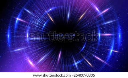 Futuristic vibrant abstract background with radial burst of light and energy emanating from center. Blue, purple, and pink light beams radiate, and glowing particles effects. Vector illustration