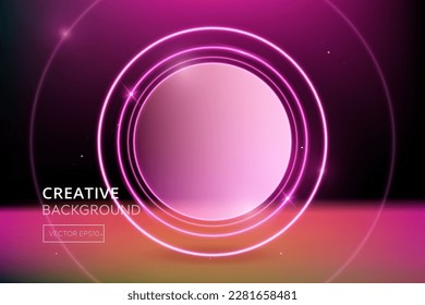 Futurista luz de neón brillante rosa redondo brillante en el fondo del espacio exterior oscuro con marco de círculo vacío en el medio 