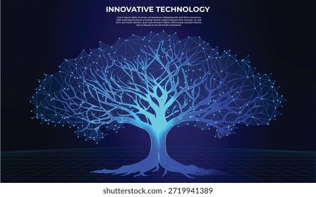 Un árbol ancestral de Vector futurista y vibrante con nodos interconectados, en transición de azul a verde, líneas de circuitos azules de neón, animación de árbol digital de ciencia ficción futurista, ciencia ficción digital cyberpunk