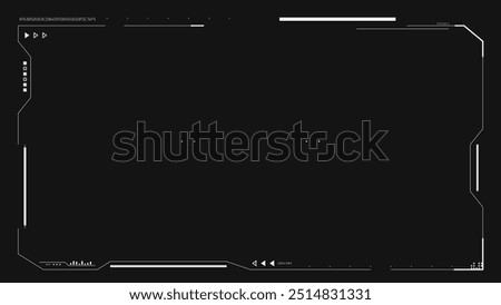 Futuristic video camera viewfinder overlay. 4K template for drone, futuristic cam rec or video UI. Camera frame vector template. White lines Ui black background. Cyberspace UI frame for shoot images.