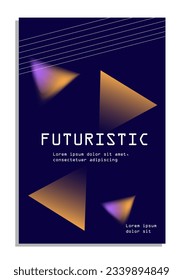 Futuristic violet poster concept. Metaverse, cyberspace, virtual reality. Cover or banner for website. Flyer with orange triangles. Cartoon flat vector illustration isolated on white background