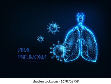Futuristic viral pneumonia due to coronavirus covid-19 infection with glowing low polygonal human lungs and virus cells on dark blue background. Modern wire frame mesh design vector illustration.