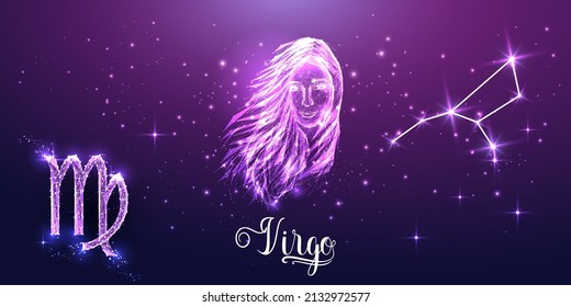 Futuristic Virgo zodiac sign on dark purple background. Glowing low polygonal design vector. 