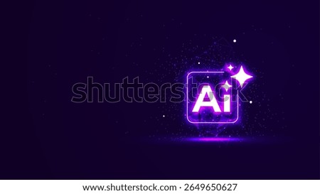 Futuristic virtual AI Assistant in the purple neon light style. 3D Artificial Intelligence star with sparkle, particles, and plexus lines. Digital technology illustration concepts on a dark background