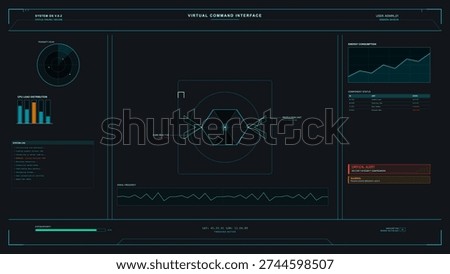 A futuristic virtual command interface displays various data panels including a proximity scan, energy consumption graph, system logs, and a central core reactor diagram on a dark screen.