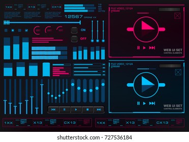 Futuristic virtual graphic touch user interface, scale, table with columns, music player interface, video player interface