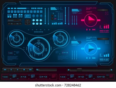 Futuristic virtual graphic touch user interface, scale, table with columns, music player interface, video player interface