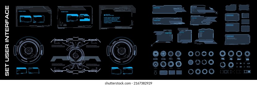 Futuristic virtual graphical user interface with frames, callouts and dialog boxes. Digital pad for communication or video games with HUD elements. HUD UI Digital Mockup